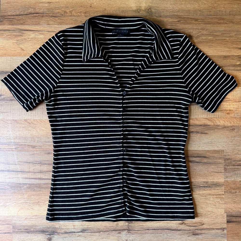 Sanctuary Button Down Top Black White Striped Ribbed Short Sleeve Size L